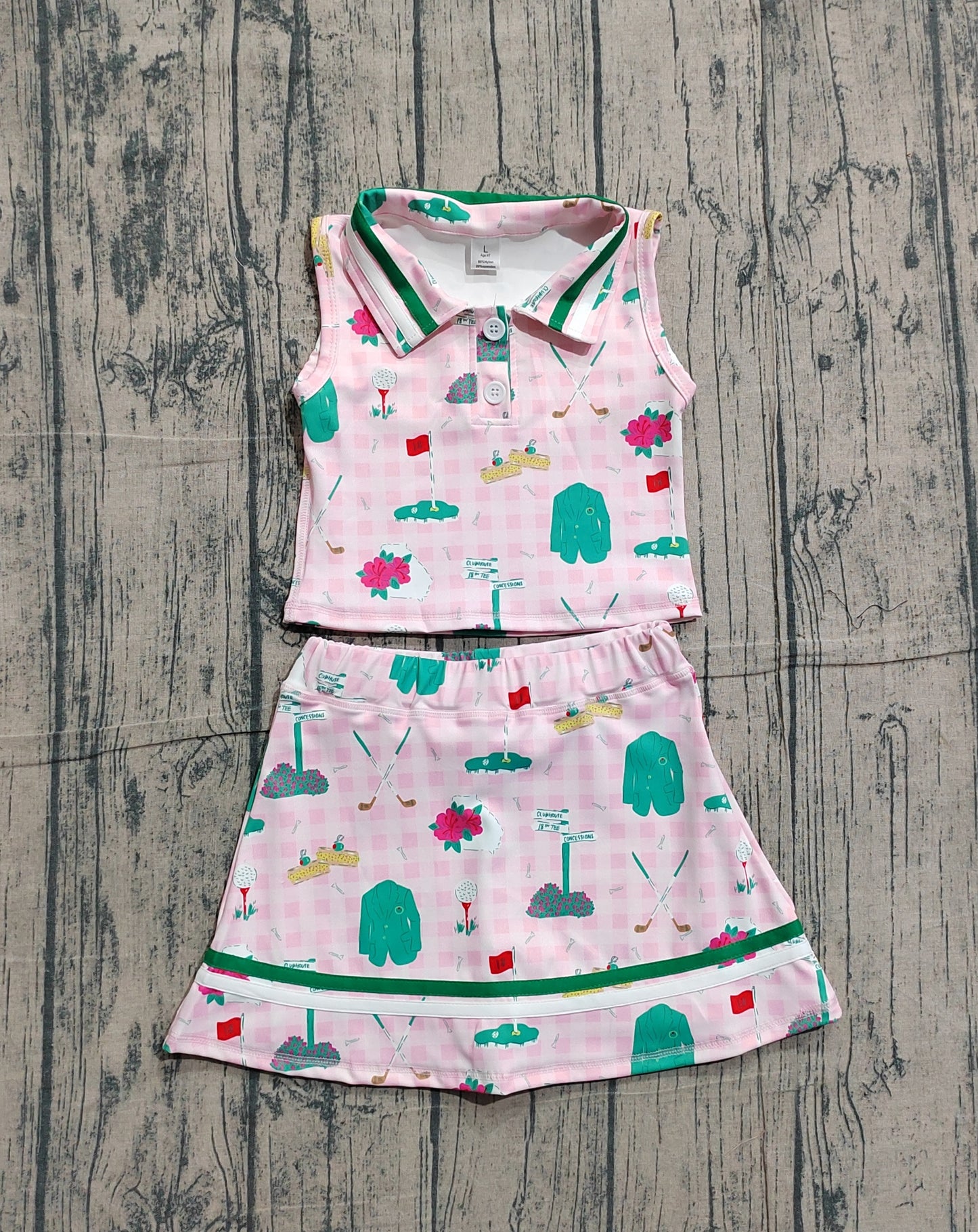 1.15 GSD3520 Sample No Moq Yoga fabric Baby Girls Pink Checked Golf Flags Button Top Skirt Short Yoga Active Clothes Sets