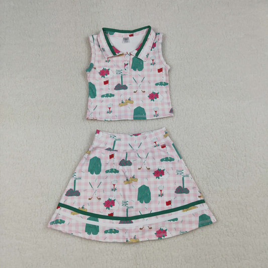3.21 RTS NO MOQ （In stock）GSD3520 Kids Clothing for Baby Girls Sleeveless Pink Checked Golf Flags Button Top Skirt Short Yoga Active Clothes Sets