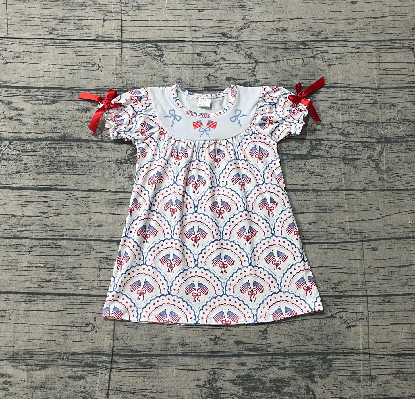 1.14 GSD3525 Pre order No Moq Embroidery Bows Flags Baby Girls Checked 4th of July Knee Length Dresses