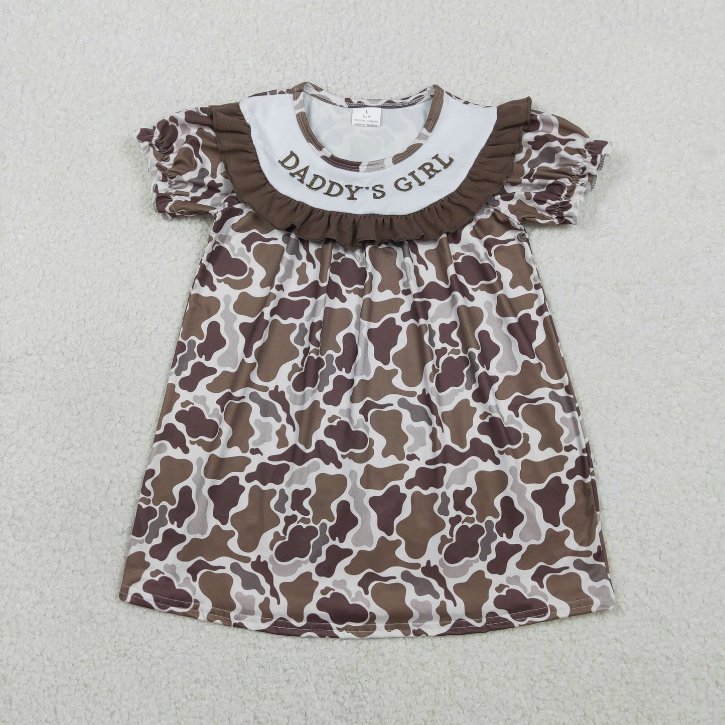 2.5 RTS NO MOQ （In stock）GSD3526 Embroidery Daddy's Girls Southern Brown Camo Ruffle Knee Length Dresses