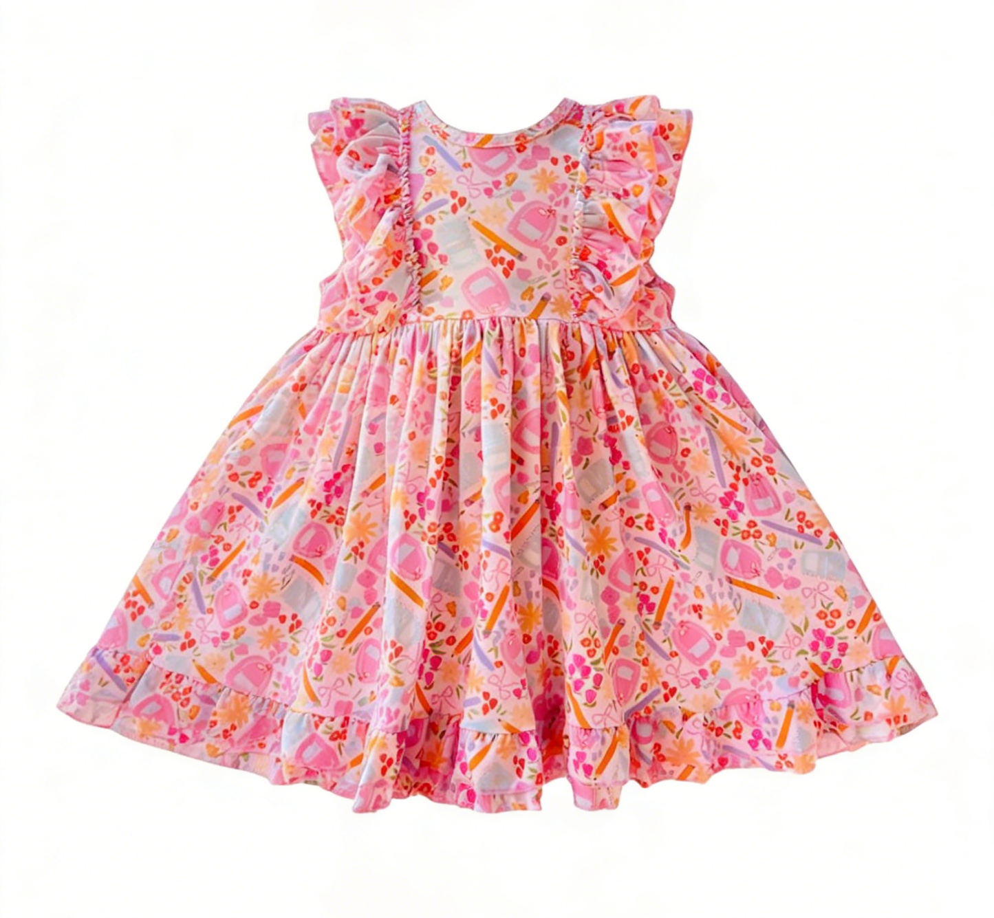 1.5 GSD3529 Pre order No Moq Baby Girls Flutter Sleeve Pink Flowers Pencils Back to School Ruffle Knee Length Dresses