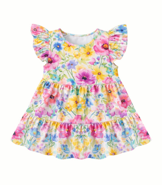 1.6 GSD3532 Pre order No Moq Baby Girls Flutter Sleeve Colorful Floral Patchwork Knee Length Dresses