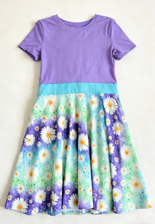1.6 GSD3534 Pre order No Moq Baby Girls Purple Short Sleeve Daisy Flowers Knee Length Dresses