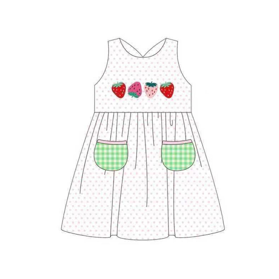 1.6 GSD3535 Pre order No Moq Baby Girls Sleeveless Strawberry Polka Dots Pockets Knee Length Dresses