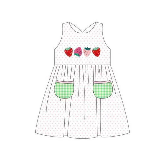 1.6 GSD3535 Pre order No Moq Baby Girls Sleeveless Strawberry Polka Dots Pockets Knee Length Dresses