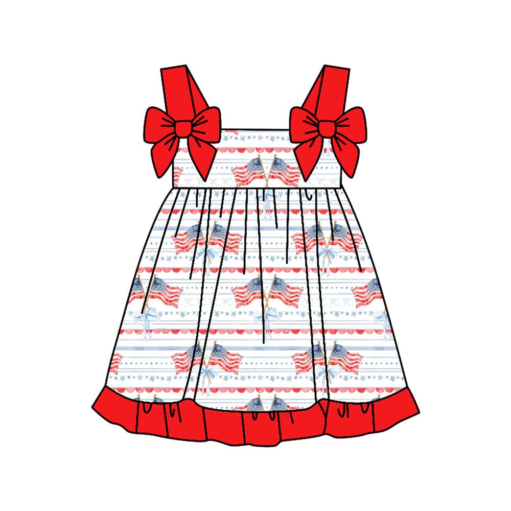 1.6 GSD3538 Pre order No Moq Baby Girls Bows Strap Flags Stripe 4th of July Ruffle Knee Length Dresses