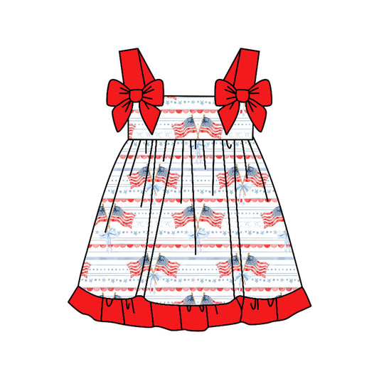 1.6 GSD3538 Pre order No Moq Baby Girls Bows Strap Flags Stripe 4th of July Ruffle Knee Length Dresses