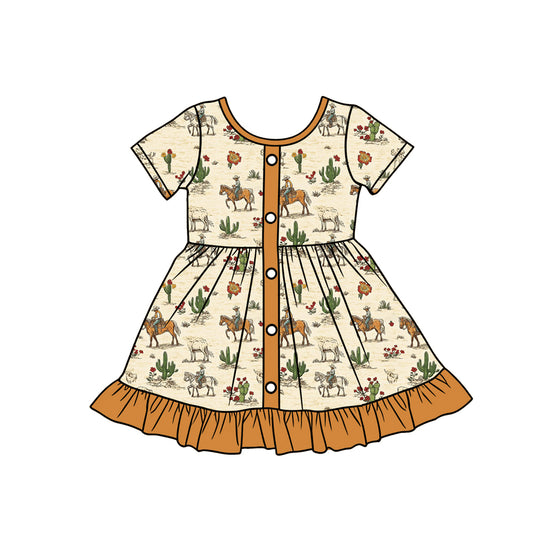 1.6 GSD3548 Pre order No Moq Baby Girls Cactus Horse Rodeos Button Western Ruffle Knee Length Dresses
