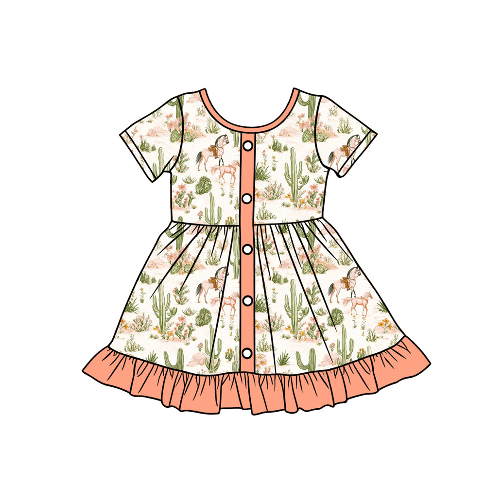 1.6 GSD3549 Pre order No Moq Baby Girls Cactus Horse Button Western Ruffle Knee Length Dresses