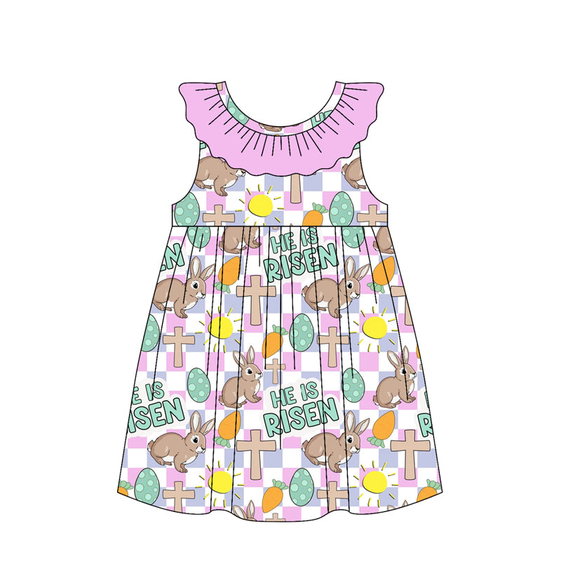 1.6 GSD3550 Pre order No Moq Baby Girls Pink Checked Cross Rabbits Easter Knee Length Dresses