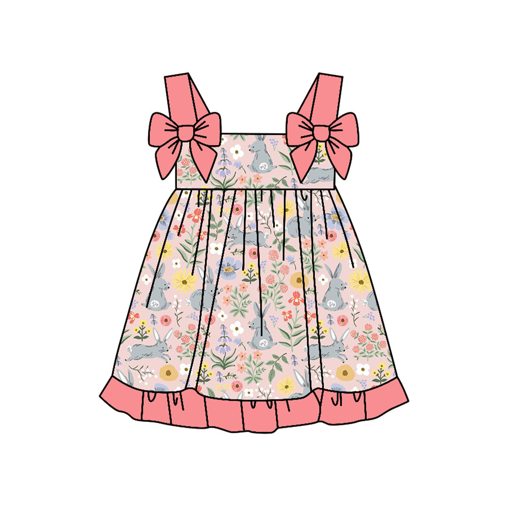 1.6 GSD3551 Pre order No Moq Baby Girls Bows Strap Flowers Rabbits Easter Ruffle Knee Length Dresses