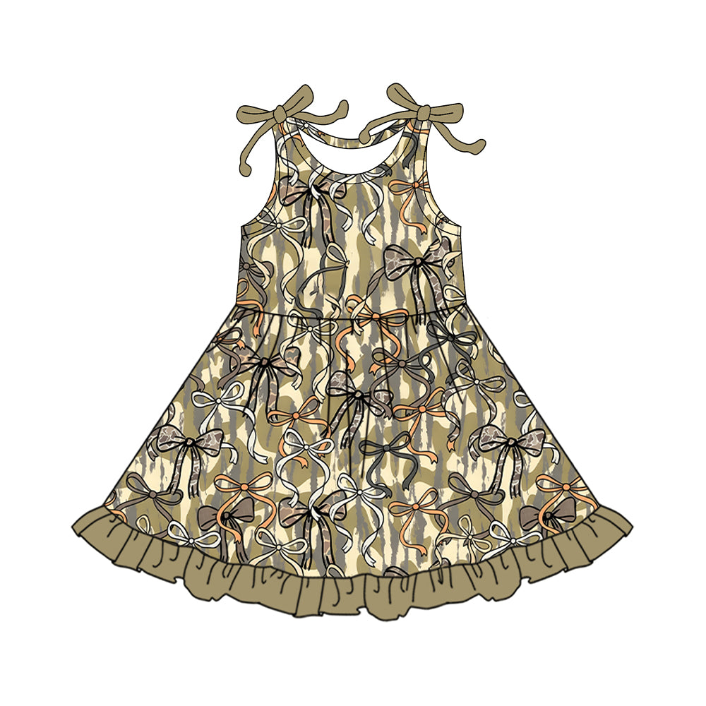1.6 GSD3552 Pre order No Moq Baby Girls Southern Olive Camo Bows Ruffle Knee Length Dresses