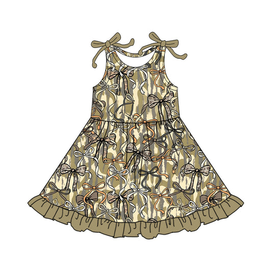 1.6 GSD3552 Pre order No Moq Baby Girls Southern Olive Camo Bows Ruffle Knee Length Dresses