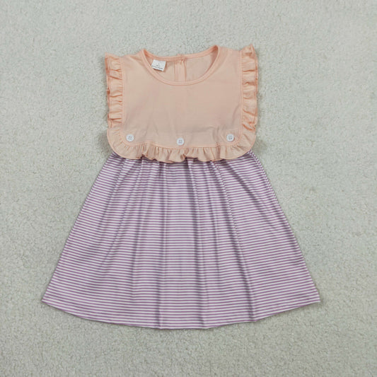 2.4 RTS NO MOQ （In stock）GSD3559 Baby Girls Peach Sleeveless Lavender Stripe Button Knee Length Dresses