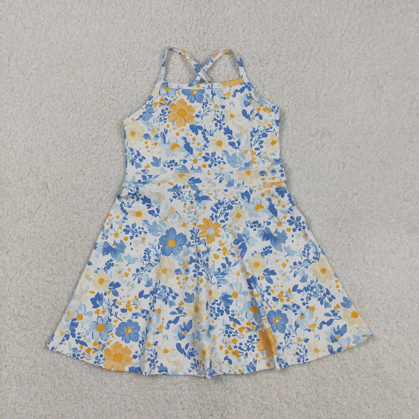 3.12 RTS NO MOQ （In stock）GSD3565 Kids Fashion Clothes Baby Girls Strap Colorful Flowers Yoga Active Shorts Ruffle Knee Length Dress