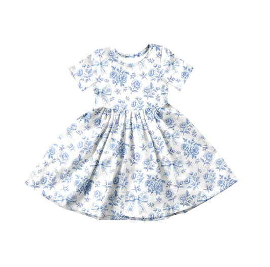 1.9 GSD3569 Pre order No Moq Baby Girls Blue Flowers Bows Knee Length Dresses
