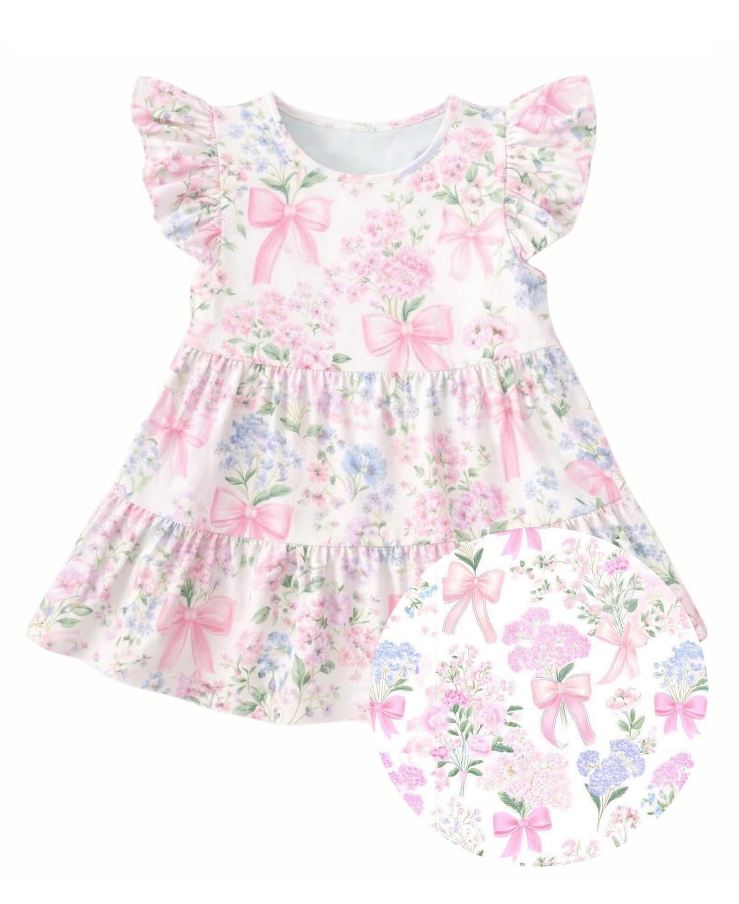 1.9 GSD3571 Pre order No Moq Baby Girls Flutter Sleeve Flowers Bows Patchwork Knee Length Dresses