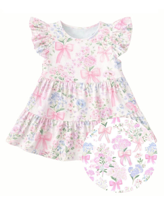 1.9 GSD3571 Pre order No Moq Baby Girls Flutter Sleeve Flowers Bows Patchwork Knee Length Dresses