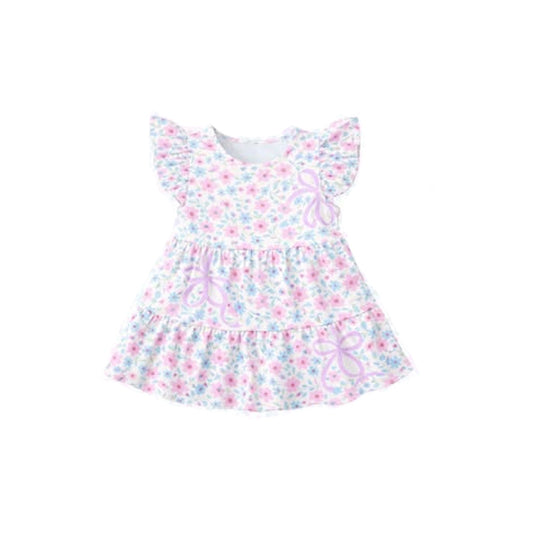 1.9 GSD3572 Pre order No Moq Baby Girls Flutter Sleeve Flowers Bows Patchwork Knee Length Dresses