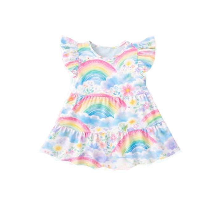 1.9 GSD3573 Pre order No Moq Baby Girls Flutter Sleeve Flowers Rainbows Patchwork Knee Length Dresses