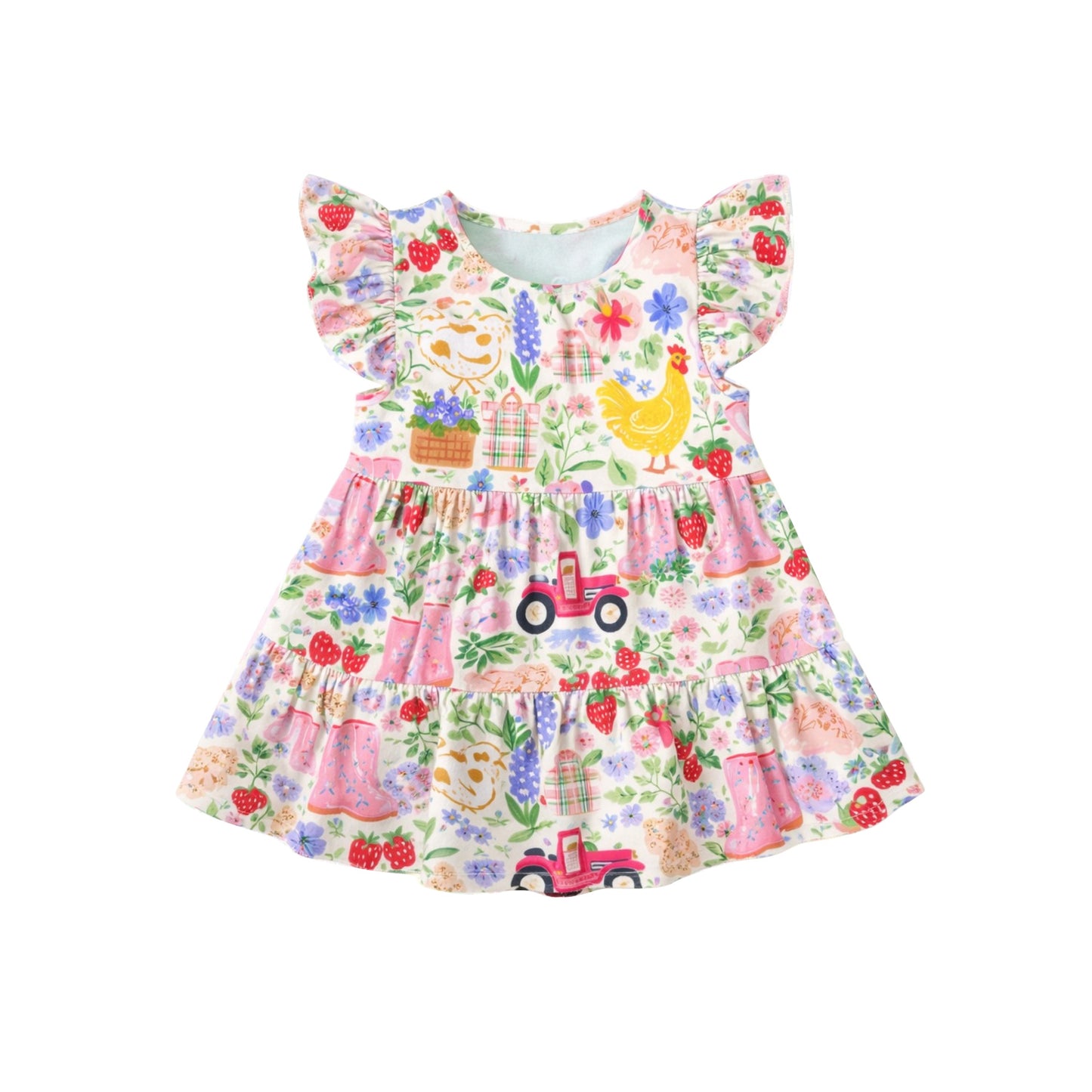 1.9 GSD3574 Pre order No Moq Baby Girls Flutter Sleeve Flowers Chicks Patchwork Knee Length Dresses