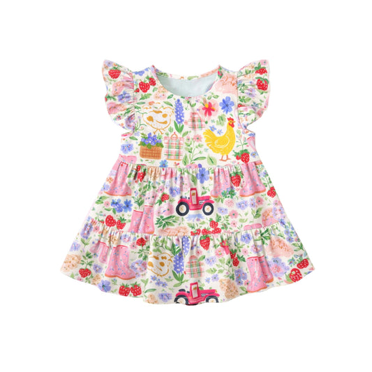 1.9 GSD3574 Pre order No Moq Baby Girls Flutter Sleeve Flowers Chicks Patchwork Knee Length Dresses