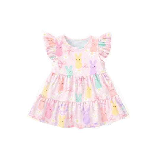 1.9 GSD3575 Pre order No Moq Baby Girls Colorful Rabbits Bows Easter Patchwork Knee Length Dresses
