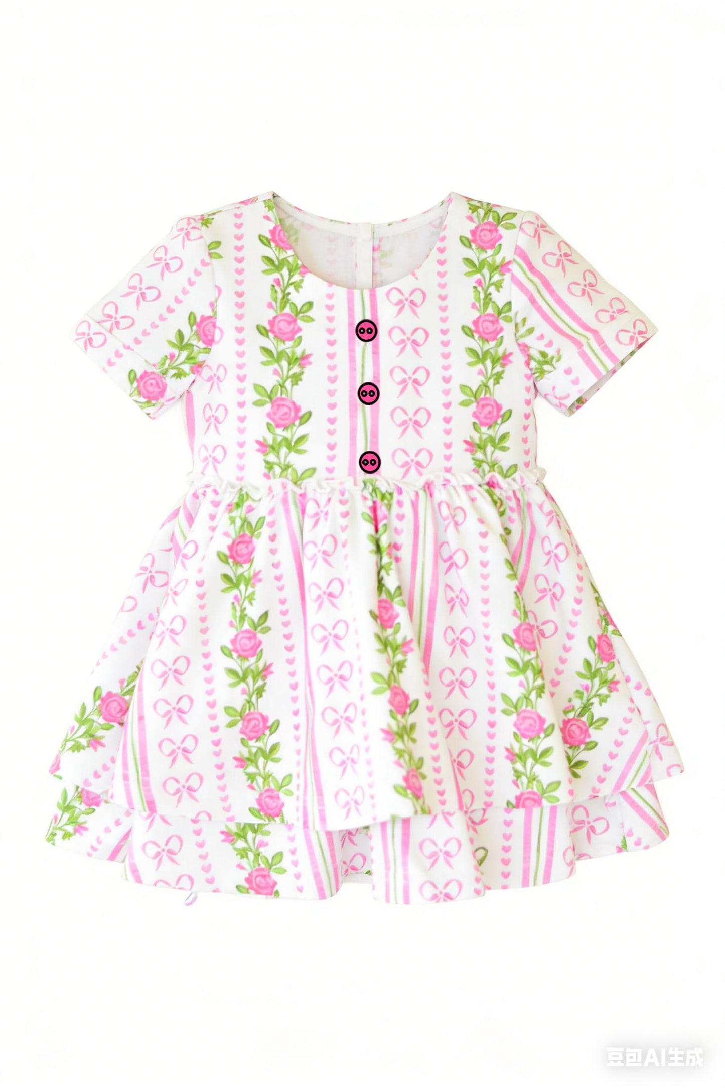 1.9 GSD3576 Pre order No Moq Baby Girls Button Flowers Bows Hearts Stripe Ruffle Knee Length Dresses