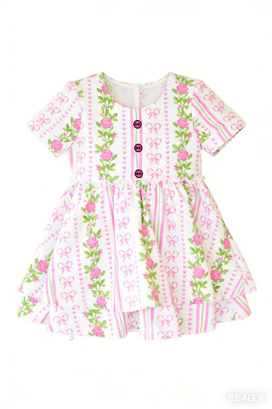 1.9 GSD3576 Pre order No Moq Baby Girls Button Flowers Bows Hearts Stripe Ruffle Knee Length Dresses