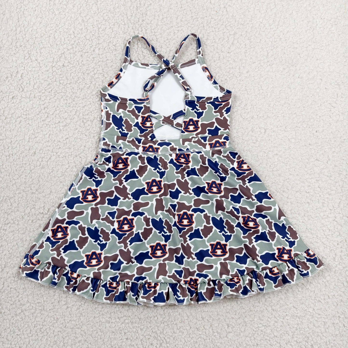 GSD3588 RTS NO MOQ （In stock）Baby Girls Strap Camo AU Team Yoga Active Shorts Ruffle Knee Length Dresses