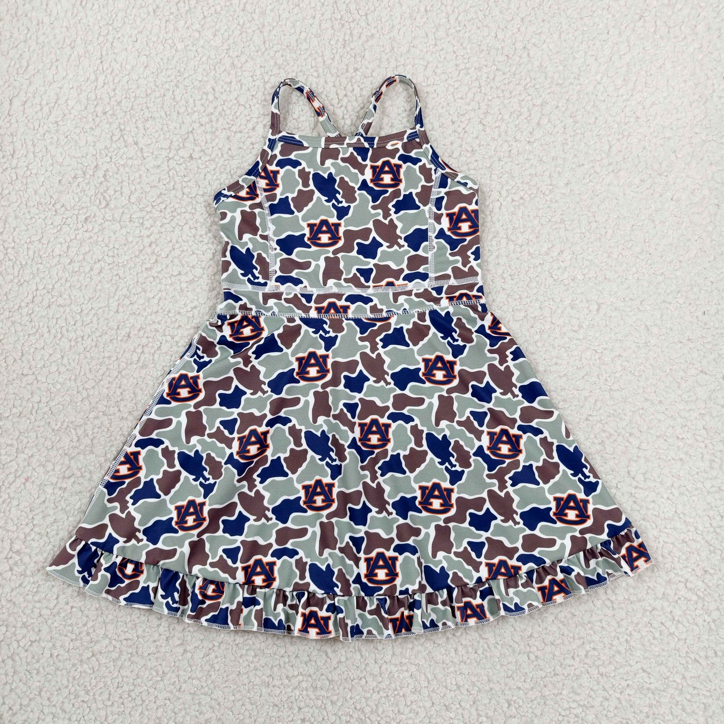GSD3588 RTS NO MOQ （In stock）Baby Girls Strap Camo AU Team Yoga Active Shorts Ruffle Knee Length Dresses