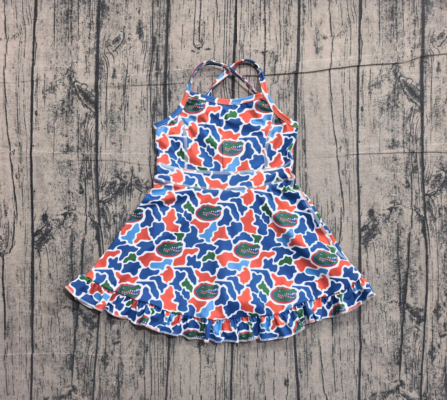 4.1 GSD3589 Sample No Moq Baby Girls Strap Camo Crocodiles Team Yoga Active Shorts Ruffle Knee Length Dress Preorder
