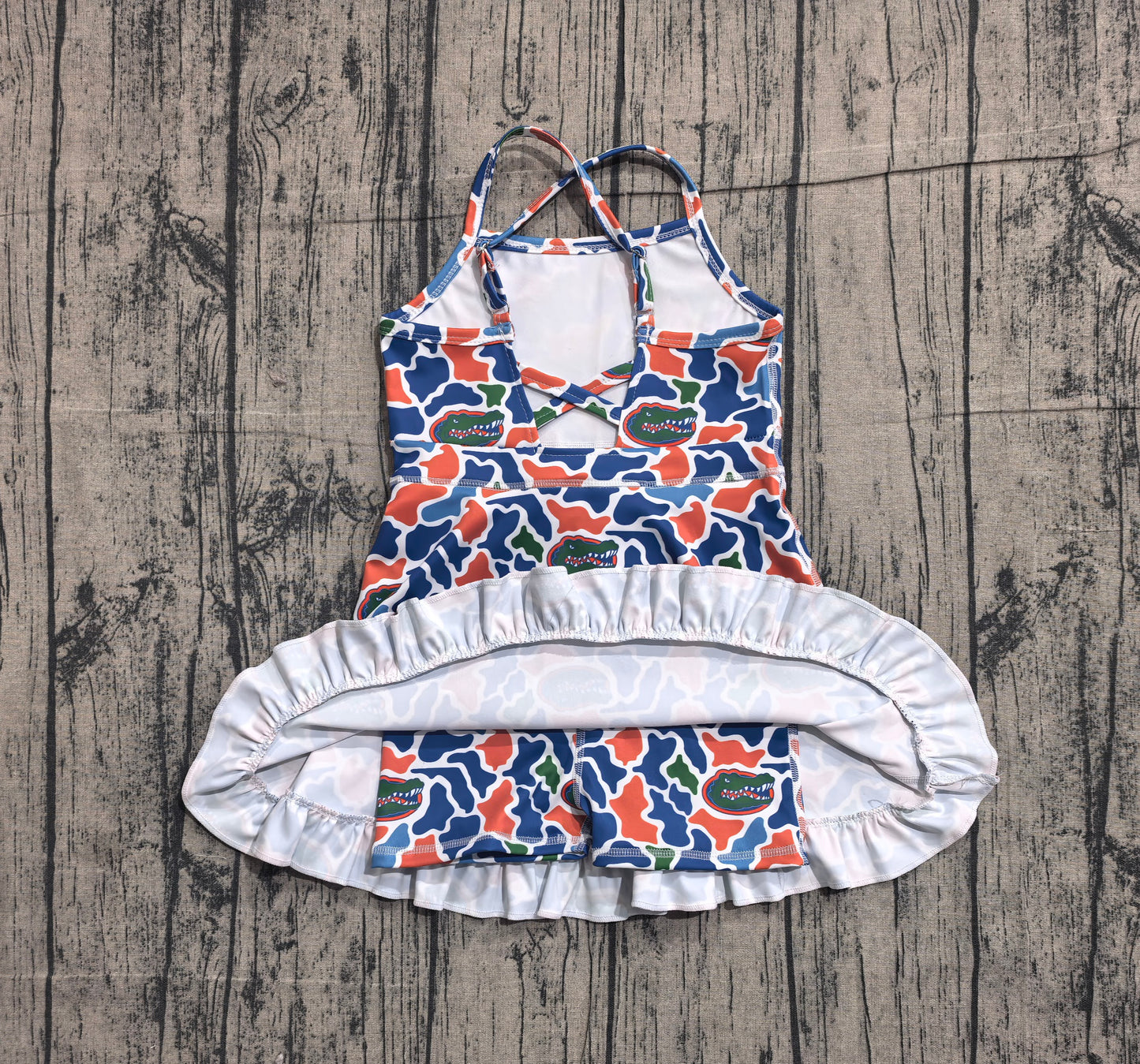 4.1 GSD3589 Sample No Moq Baby Girls Strap Camo Crocodiles Team Yoga Active Shorts Ruffle Knee Length Dress Preorder