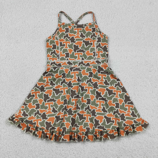 GSD3590 RTS NO MOQ （In stock ）Baby Girls Strap Camo T Team Yoga Active Shorts Ruffle Knee Length Dresses Preorder