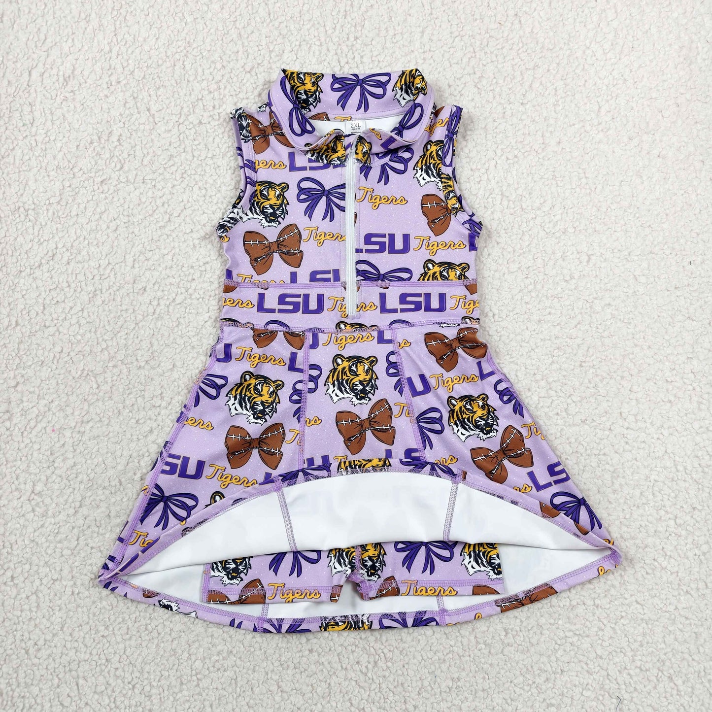 GSD3604 RTS NO MOQ （In stock）Sleeveless tiger bow football girls team athletic dresses