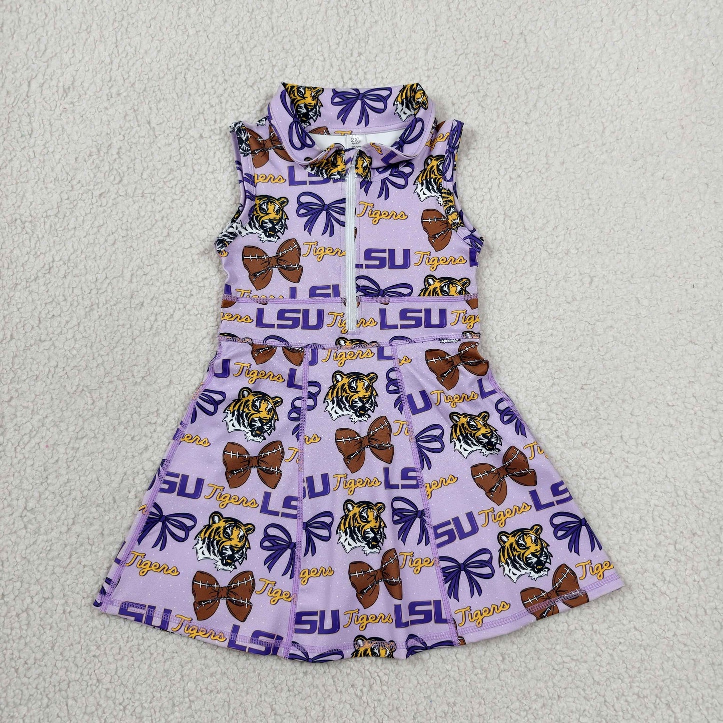GSD3604 RTS NO MOQ （In stock）Sleeveless tiger bow football girls team athletic dresses