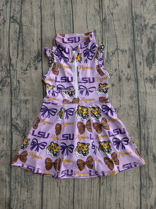 3.17 GSD3604 Sample No Moq Yoga fabric Baby Girls Sleeveless Purple Tiger Footballs Team Yoga Active Shorts Knee Length Dresses