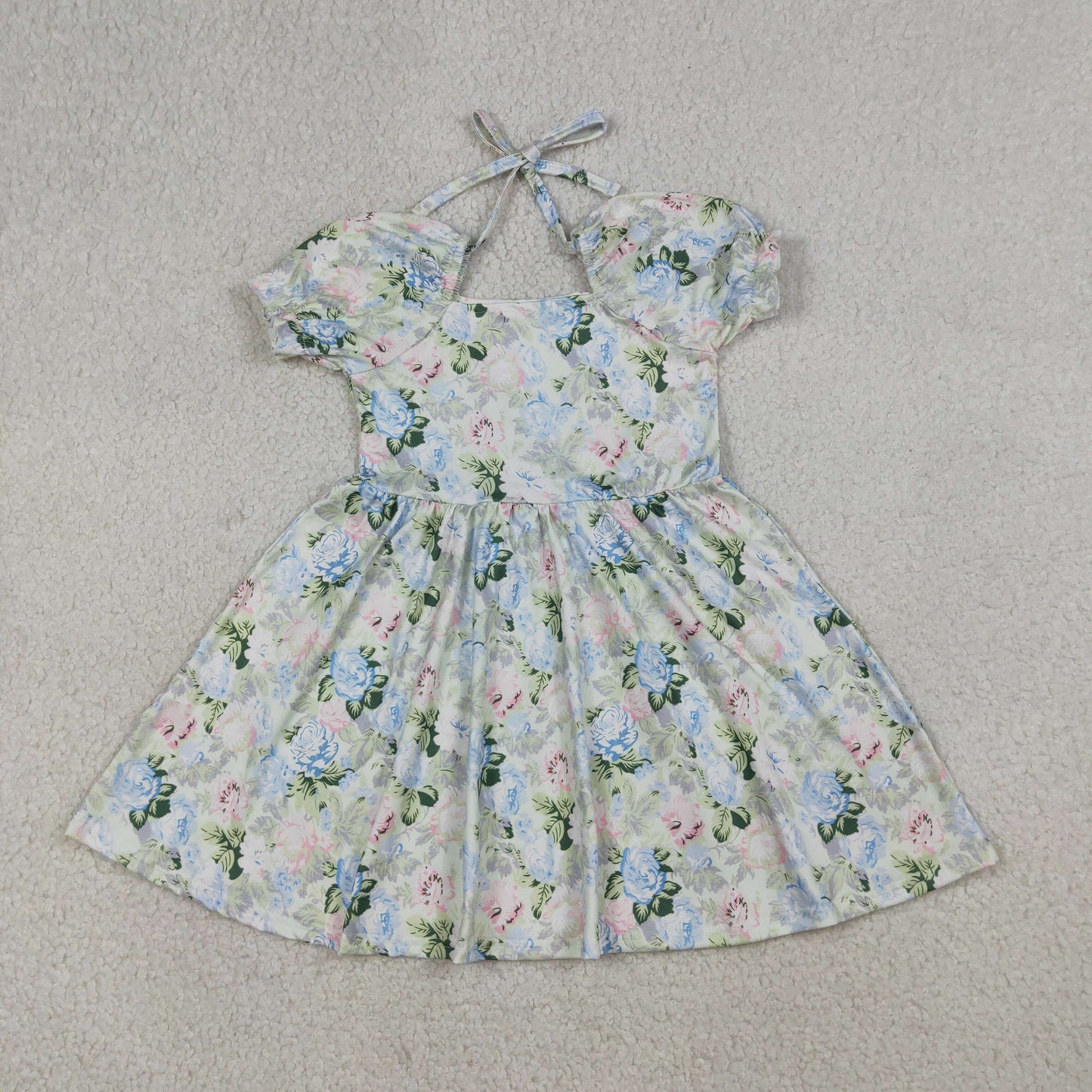 3.19 RTS NO MOQ （In stock）GSD3615 Kids Fashion Clothes Baby Girls Short Sleeve Ruffle Colorful Flowers Knee Length Dresses