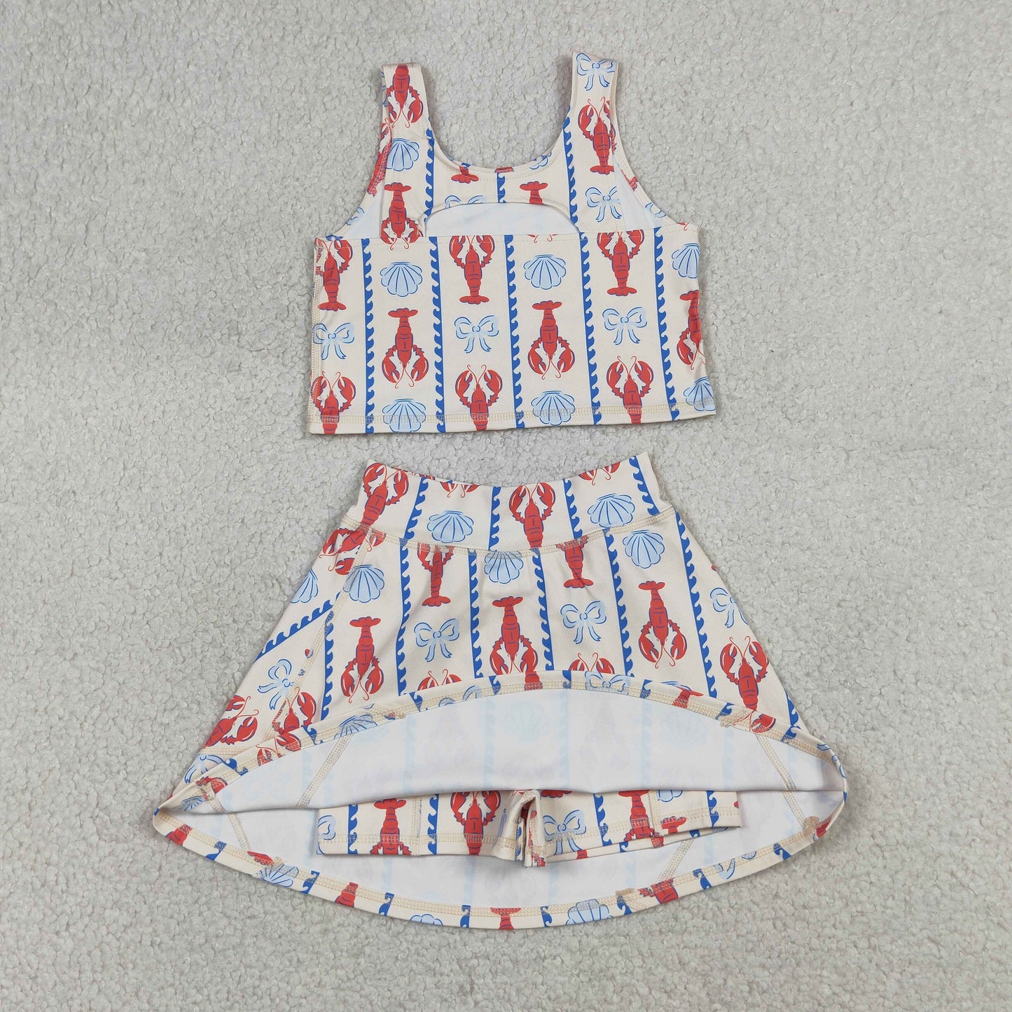 4.11 GSD3626 RTS NO MOQ （In stock ）Sleeveless crawfish bow top skirt girls active wear set