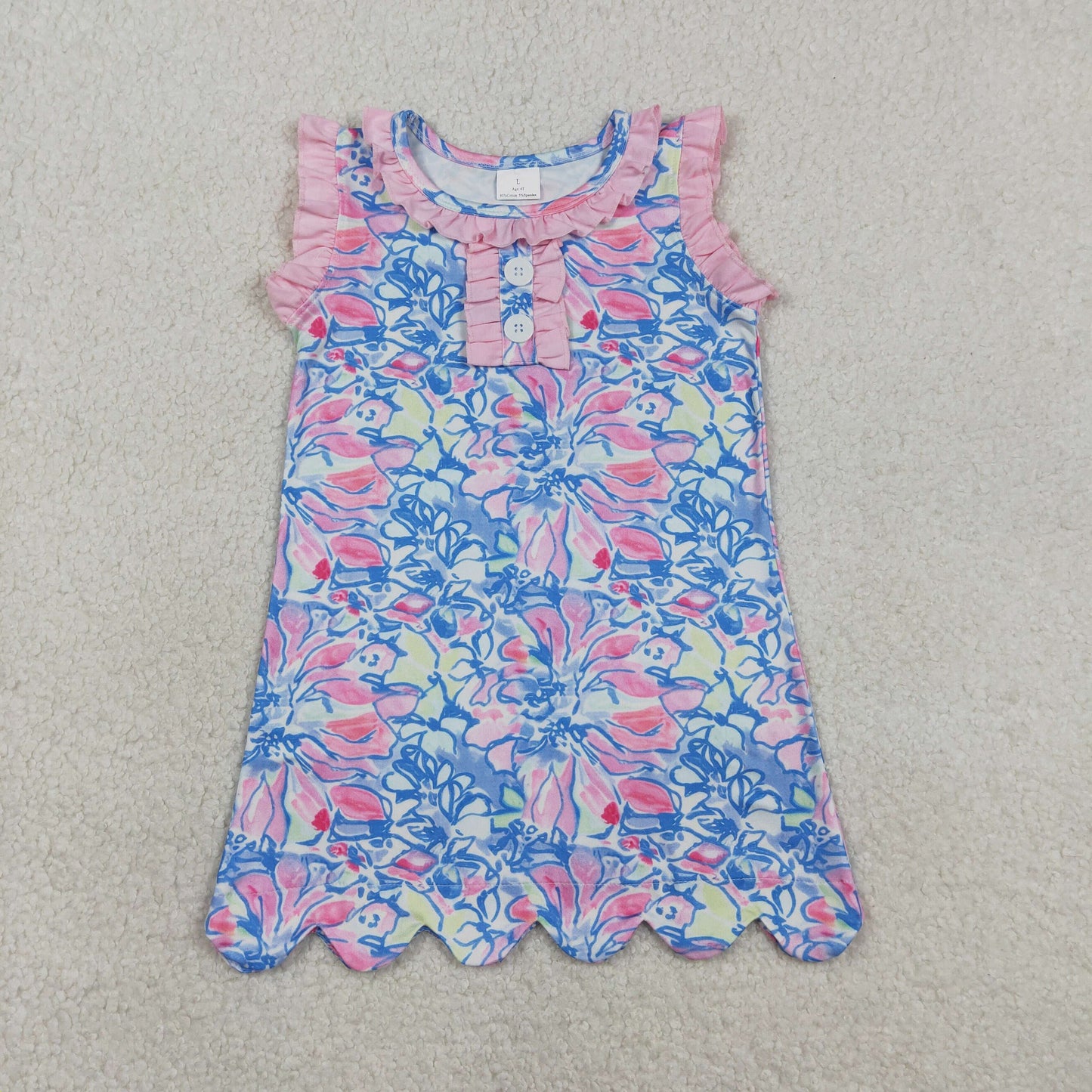 3.10 RTS NO MOQ （In stock）GSD3627 Kids Fashion Clothes Baby Girls Sleeveless Colorful Flowers Button Scallop Knee Length Dresses