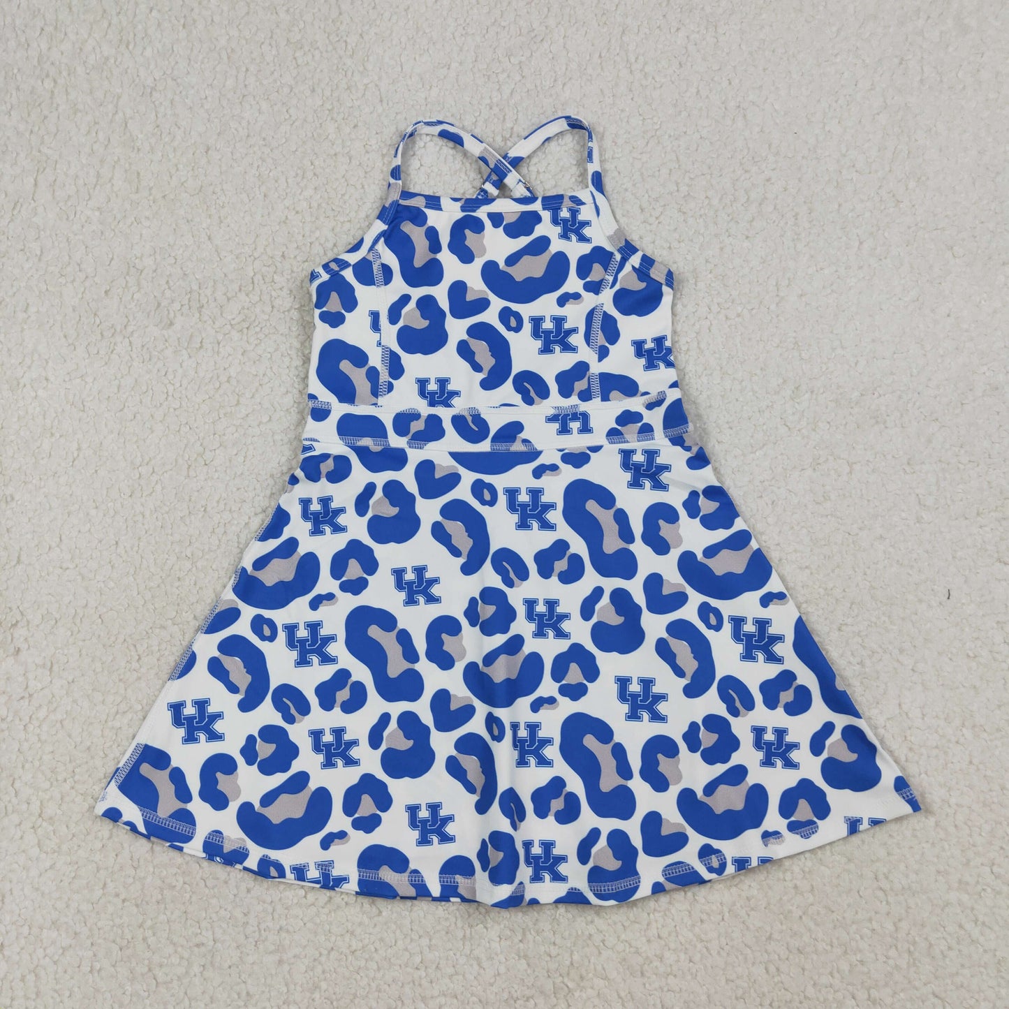 3.17 RTS NO MOQ （In stock）GSD3630 Kids Fashion Clothes Baby Girls Strap Blue Leopard UK Team Yoga Active Shorts Knee Length Dresses