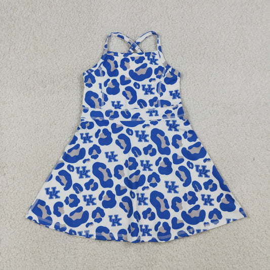 3.17 RTS NO MOQ （In stock）GSD3630 Kids Fashion Clothes Baby Girls Strap Blue Leopard UK Team Yoga Active Shorts Knee Length Dresses