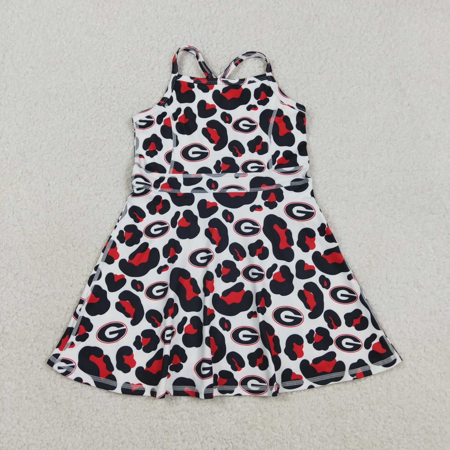 3.10 RTS NO MOQ （In stock）GSD3632 Kids Fashion Clothes Baby Girls Sleeveless Black Red Leopard Team Yoga Active Shorts Knee Length Dress