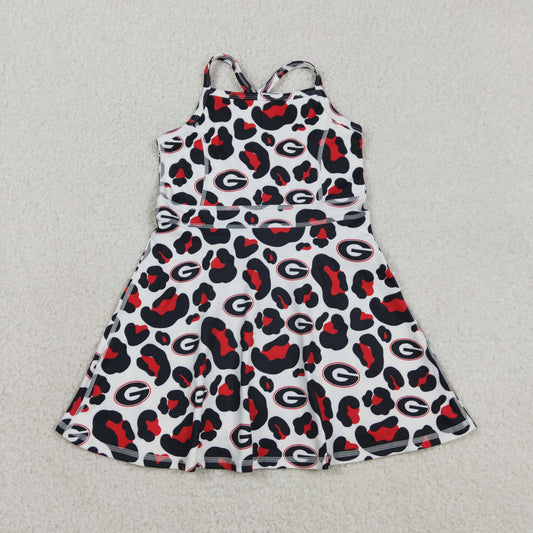 3.10 RTS NO MOQ （In stock）GSD3632 Kids Fashion Clothes Baby Girls Sleeveless Black Red Leopard Team Yoga Active Shorts Knee Length Dress