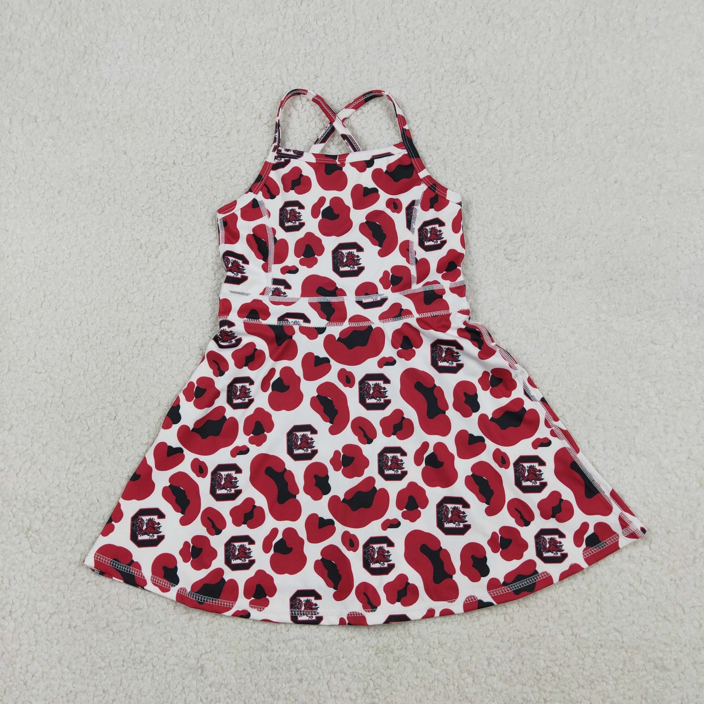 3.27 RTS NO MOQ （In stock）GSD3633 Kids Fashion Clothes Baby Girls Strap Red Leopard Team Yoga Active Shorts Knee Length Dress