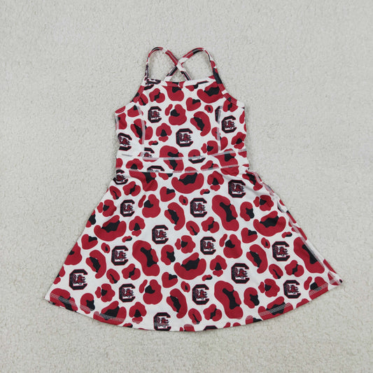 3.27 RTS NO MOQ （In stock）GSD3633 Kids Fashion Clothes Baby Girls Strap Red Leopard Team Yoga Active Shorts Knee Length Dress