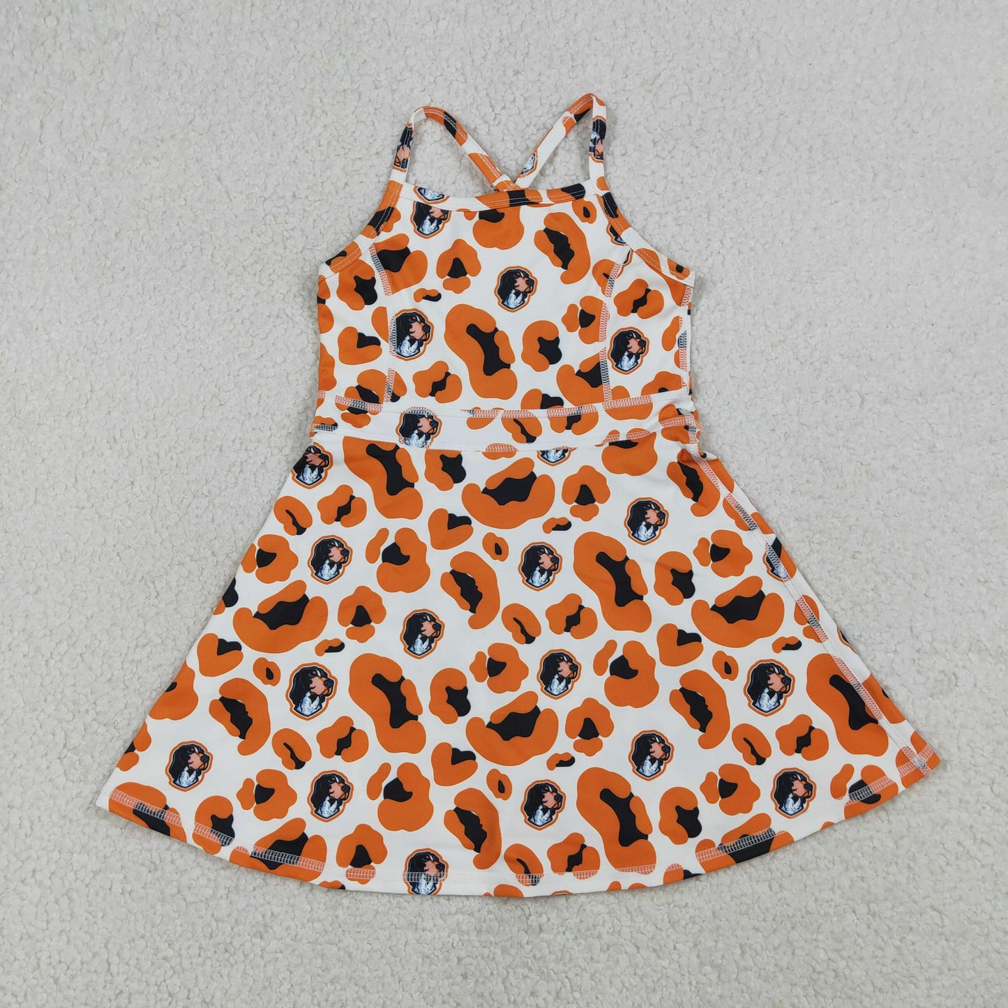 3.20 RTS NO MOQ （In stock）GSD3634 Kids Fashion Clothes Baby Girls Strap Orange Leopard Team Yoga Active Shorts Knee Length Dress