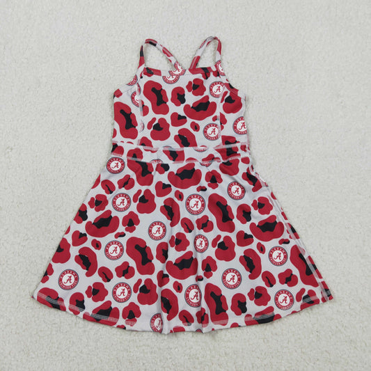 2.10 RTS NO MOQ （In stock）GSD3635 Kids Fashion Clothes Baby Girls Strap Red Leopard Team Yoga Active Shorts Knee Length Dresses
