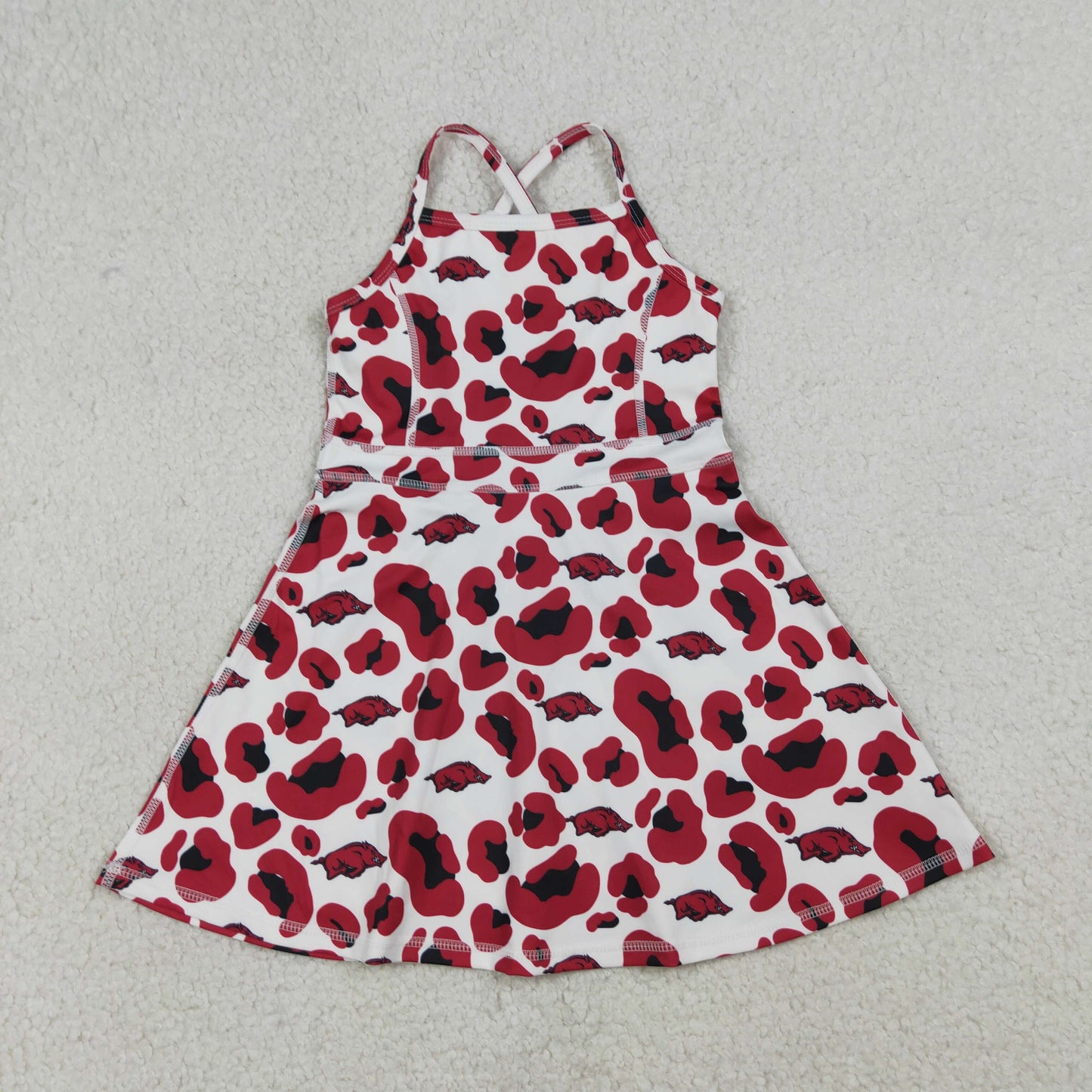 3.24 RTS NO MOQ （In stock）GSD3636 Kids Fashion Clothes Baby Girls Strap Red Leopard Arkansas Team Yoga Active Shorts Knee Length Dress