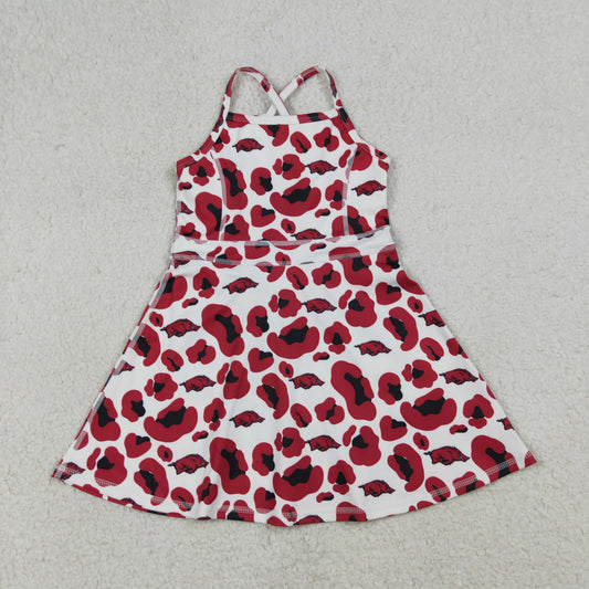 3.24 RTS NO MOQ （In stock）GSD3636 Kids Fashion Clothes Baby Girls Strap Red Leopard Arkansas Team Yoga Active Shorts Knee Length Dress